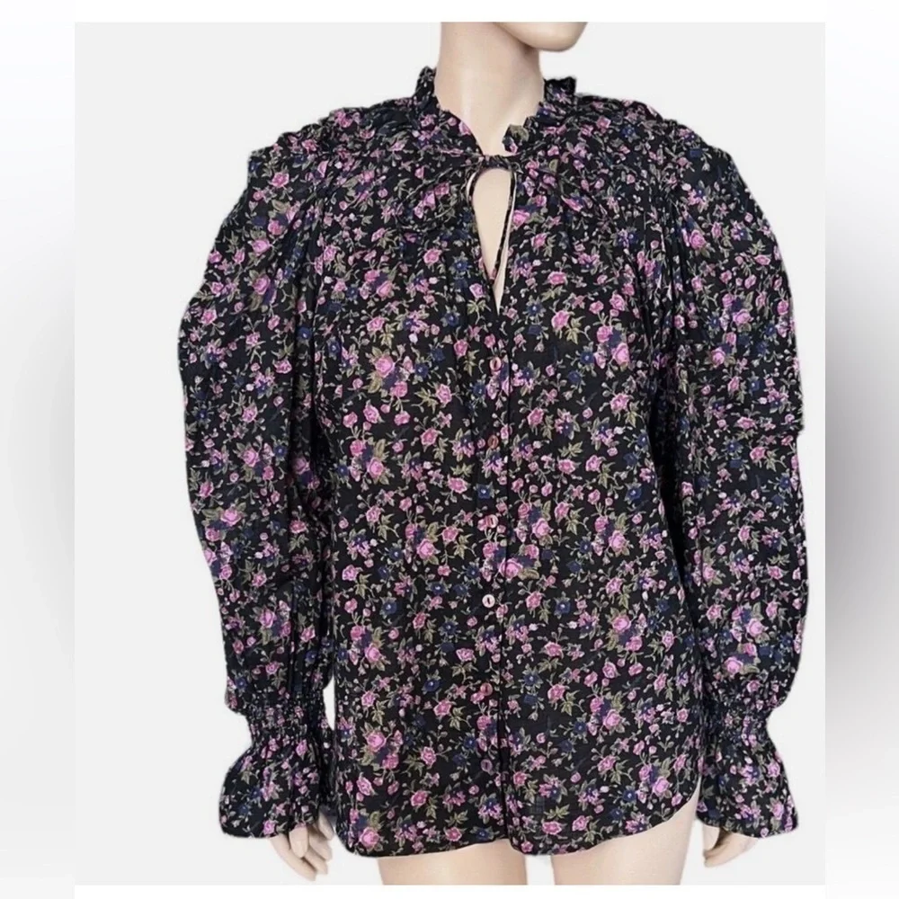 Free People Black Puff Sleeve Blouse with Ruffled Tie Front